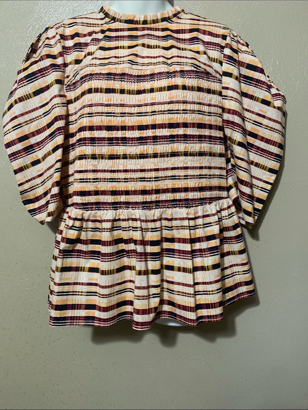 Eloquii size 18 Cream Burgundy Mustard Striped Smocked Peplum Top NWT